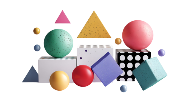 Colorful geometric shapes and easter eggs isolated on transparent background