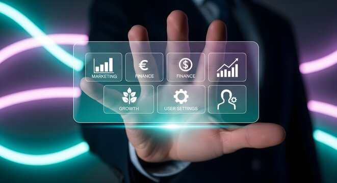 Business Hand with Data Interface: A professional's hand interacts with a cutting-edge data interface, showcasing the essence of modern business and technological innovation. 