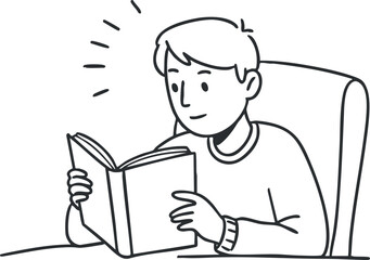 A person reading a book while sitting comfortably in a chair, depicted in minimalist outline vector style, ideal for educational and literary themes