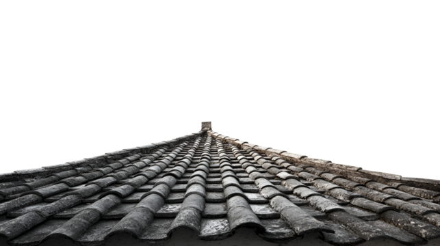 Ancient weathered clay roof tiles on a pagoda peak isolated on transparent background