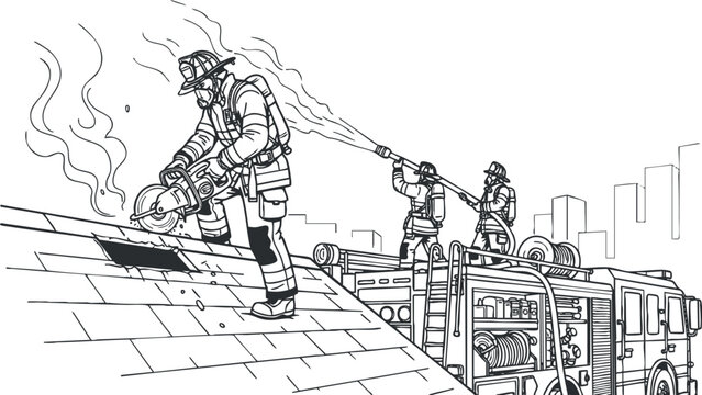A team of firefighters extinguishing a roof fire in detailed black and white line art style, ideal for emergency service graphics