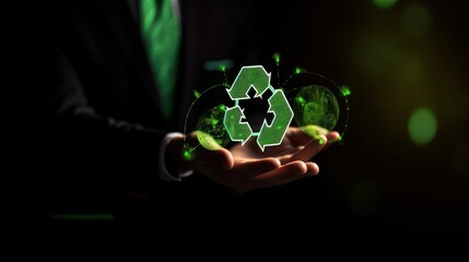Businessman holding digital recycling symbol and green global connections