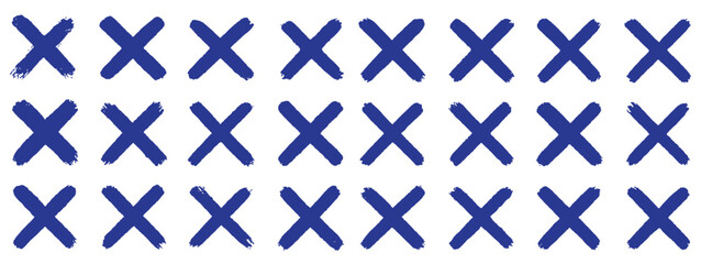Red cross mark brush line in various style. Hand brush X marks, cancel, wrong, and close icon element vector illustration. Marker grunge sketch style cross symbols and reject checkboxes collection