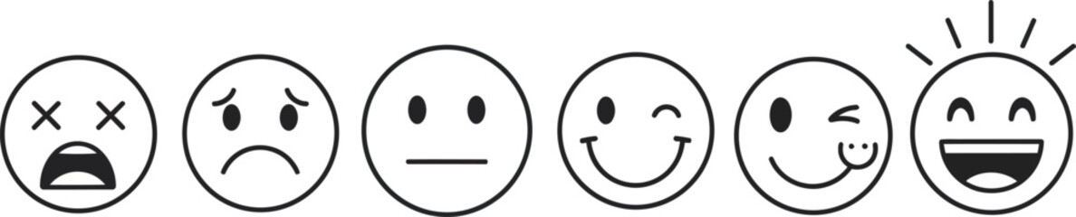 Fototapeta premium Emotional spectrum from despair to joy. outline emojis depicting various feelings, satisfaction, disappointment, and cheerfulness. Vector