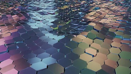 ﻿Seamlessly looping background of complex iridescent geometric polygons pulsating and flowing together in perfect synchrony smooth transition, structure, seamless loop