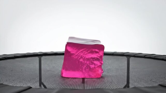 Pink Jelly Cube Bouncing On Trampoline In Slow Motion