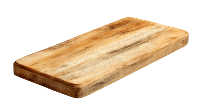 Rustic wooden cutting board isolated on transparent background