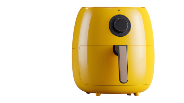 Bright yellow air fryer kitchen appliance isolated on transparent background