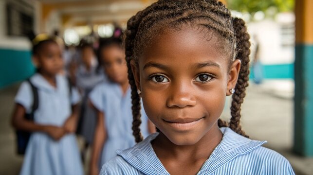 A young girl smiles confidently in a school setting, showcasing her braids and expressive eyes, while other children appear blurred in the background, emphasizing her charm.