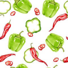Hand-drawn illustration of a seamless pattern with green bell peppers and red chili peppers, including whole and sliced piece