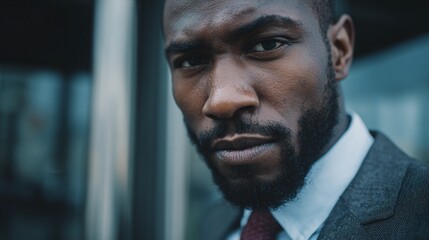 Professional male portrait showcasing a confident man with a serious expression, emphasizing his well-groomed beard and classic attire against an urban backdrop.