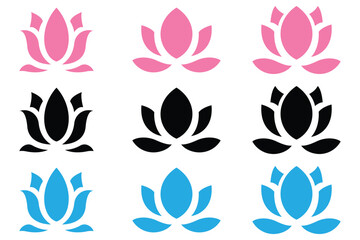Lotus Flower Vector Icon Set – Outline & Flat Design Symbols of Calm, Relaxation, and Harmony