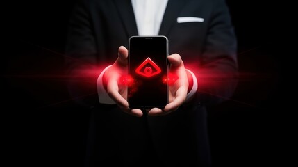 Businessman presenting smartphone with glowing red futuristic interface