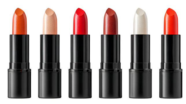 Collection of six lipsticks in various colors isolated on transparent background