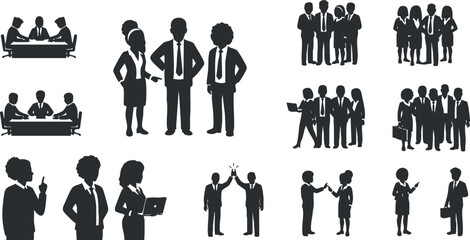 A set of business people silhouettes in various poses and activities in black and white vector style, ideal for corporate presentations and marketing materials