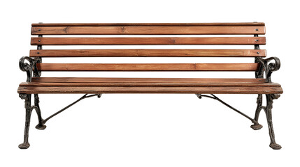 Antique wooden park bench with ornate cast iron legs isolated on transparent background