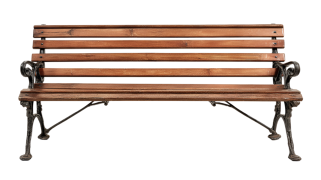 Antique wooden park bench with ornate cast iron legs isolated on transparent background