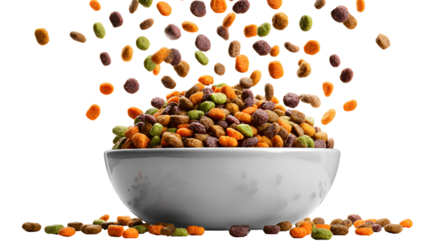Colorful cereal pouring into a white bowl isolated on transparent background