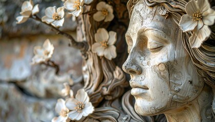 Fototapeta premium Stone Sculpture Of A Serene Woman Adorned With White Flowers Evokes Tranquility And Nature Serenity In A Garden Setting Soft Natural Lighting Highlights Textured Details