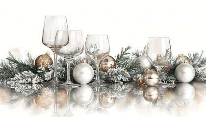 Festive white and gold arrangement with glasses, matte balls, and snowy branches &mdash; photo for card, template, and marketing