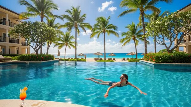 Woman swimming in pool with cocktail and beach view at tropical resort on sunny day