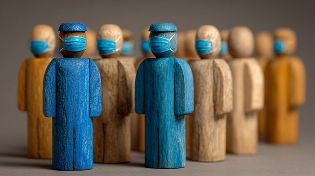 Masked wooden figurines represent the importance of health and safety in an era of global pandemics, emphasizing the collective effort for community well-being and protection. - Powered by Adobe