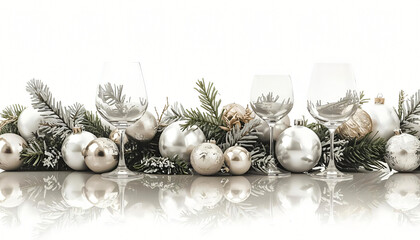 Sophisticated Christmas decoration with glasses, metallic ornaments, and artificial snow &mdash; horizontal composition for seasonal advertising
