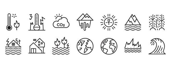 Urgent climate change icons showing global warming effects like floods, wildfires, melting glaciers, and rising temperatures in outline style