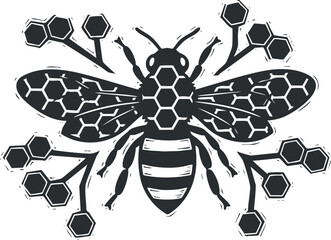 A bee with honeycomb patterns and hexagons in black vector style, suitable for eco-friendly designs and nature themes