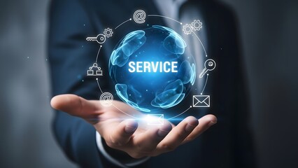 Businessman holding digital globe with service text and connected icons