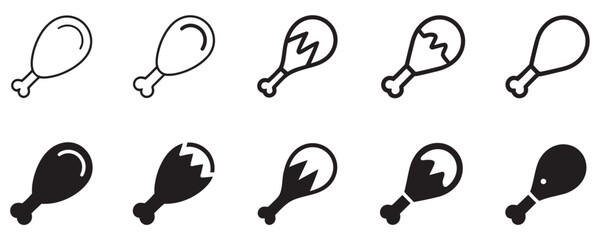 Crispy fried chicken leg icons for restaurant menu or fast food promo materials, vector illustrations for mouthwatering food designs and promotions