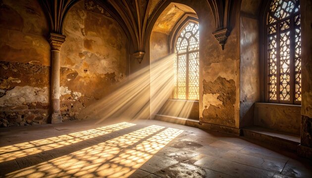 Sunbeams illuminate an ancient abandoned stone hall with ornate gothic windows and weathered walls casting dramatic shadows across the floor
