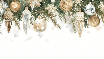 Artistic Christmas decoration watercolor with elegant green foliage and golden balls