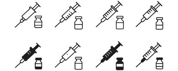 Medical syringe and vaccine vials icons for healthcare projects, offering a clean, modern design for websites and applications, promoting health awareness