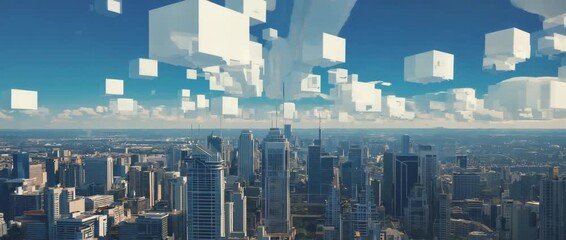 Cityscape with floating cubes a modern skyline representing data or information in an urban environm - Powered by Adobe