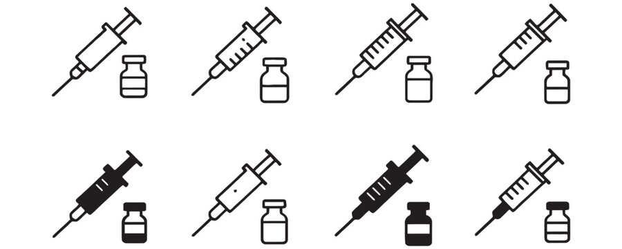 Medical syringe and vaccine vials icons for healthcare projects, offering a clean, modern design for websites and applications, promoting health awareness