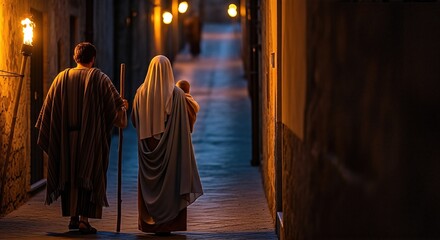 Mary with the baby Jesus and Joseph walk along a narrow torchlit street, symbolizing the flight of the Holy Family into Egypt and God's protection.
