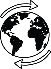 Doodle simple globe with two arrows circling icon, hand-drawn solid black on white, indicating global refresh or change, quick travel sketch