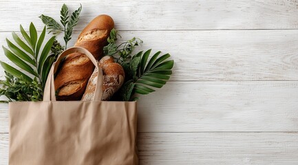 Eco-friendly bag with fresh breads & greenery (white wood background) – ideal for bakery & grocery brand design.