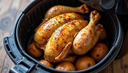 Golden air fryer chicken perfectly cooked whole chicken with crispy skin indoor kitchen culinary delight