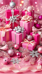 Beautiful Pink Presents and Sparkling Ornaments Display