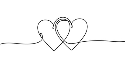 Minimalist continuous line drawing of two intertwined hearts symbolizing love and connection presented in a clean and simple silhouette style silhouette