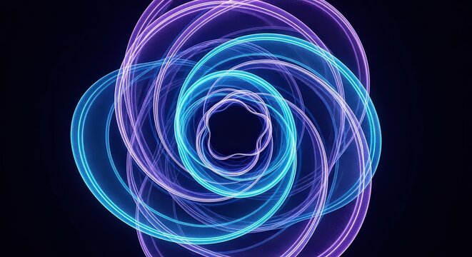 Abstract swirling vortex of electric blue and violet light against a dark background