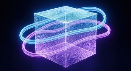 Abstract glowing cube with swirling neon energy rings in a dark digital cyberspace environment representing data flow and futuristic technology