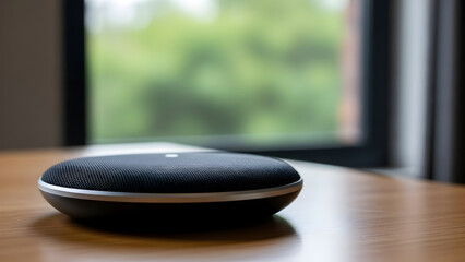 Smart speaker device on a wooden table with window background