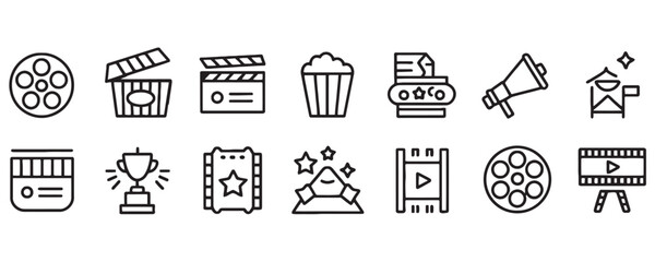 Lights camera action icons for film festival promotion and movie production projects, cinematic icons for creative video design and marketing