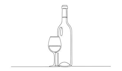 Elegant wine bottle and glass continuous line art illustration minimalist design for wine lovers black and white silhouette