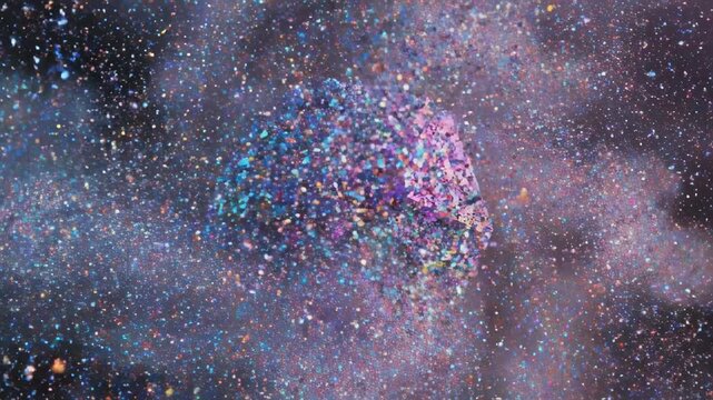 Seamlessly looping background of vibrant multicolored geometric shards fragmenting and dissolving into a dynamic digital dust cloud energetic, futuristic, movement