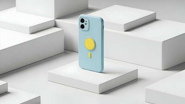 Light blue phone case with yellow grip on white blocks display