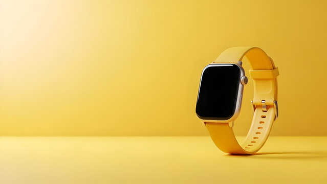 Fitness tracker with yellow band on a yellow background for wellness and health - Powered by Adobe